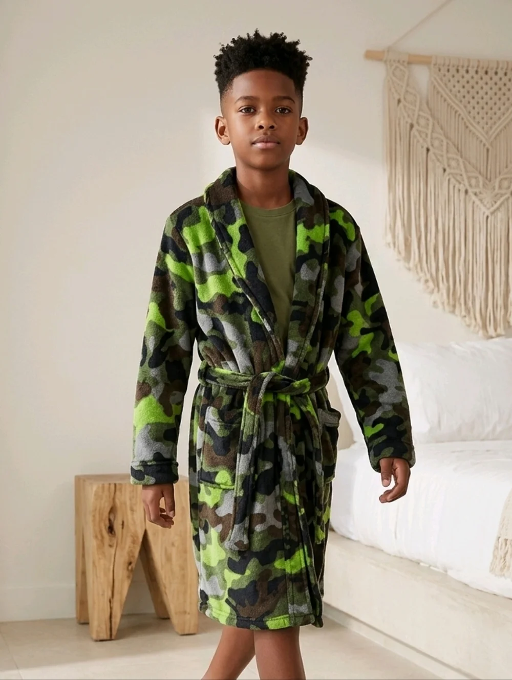 Camo Bathrobe Boys L 10/12 Faux Fur Fleece Sleepwear Robe Plush Camoflauge